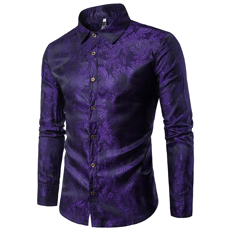 Höhe Hochzeit Party Hemd Bar Nachtclub Helle Lange Paisley Männer Lange Ärmeln Hemd: Violett / XL