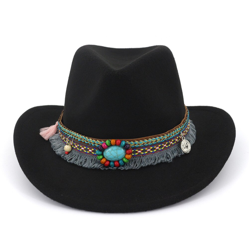 Sombrero de lana ahuecado para mujer, Sombrero de cowboy del oeste, con ala ancha enrollable, capucha, Sombrero ecuestre de Jazz con cinta de estilo nacional AD0853: Black