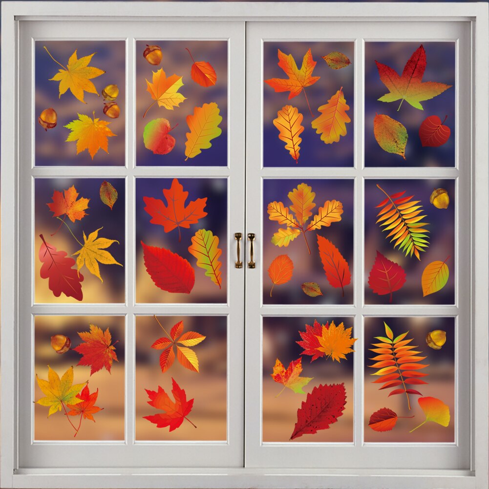 8pcs/set No Glue Removable Autumn Maple Leaves Wall Art Static Sticker Home Decor Window Clings Universal PVC Long Lasting DIY