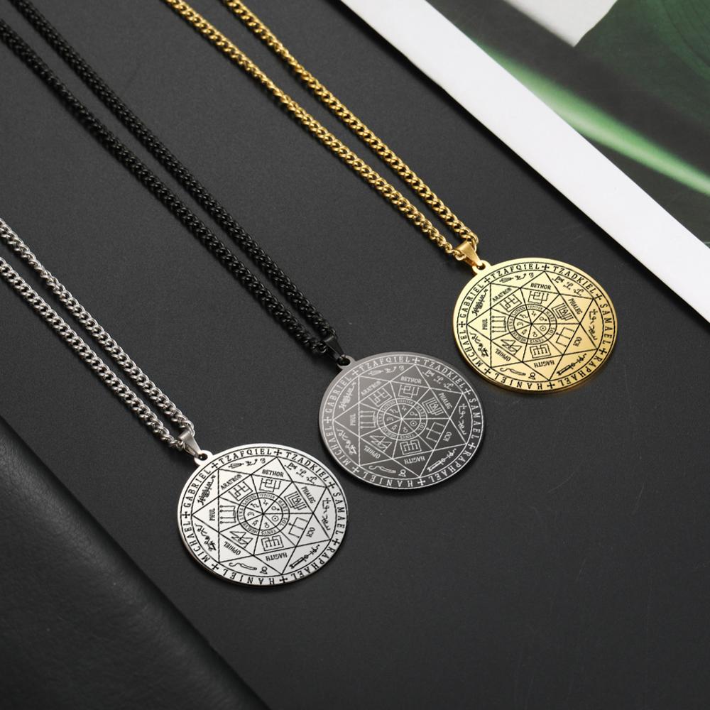 7 erzengel Sigil Charme Halsketten Pentagramm Magie Maskottchen Amulett Glück Schutz Supernatural Talisman Halskette Herren Halskette aus Edelstahl, Das des Mannes, Halskette mit Erzengel-Set Neujahrsgeschenk