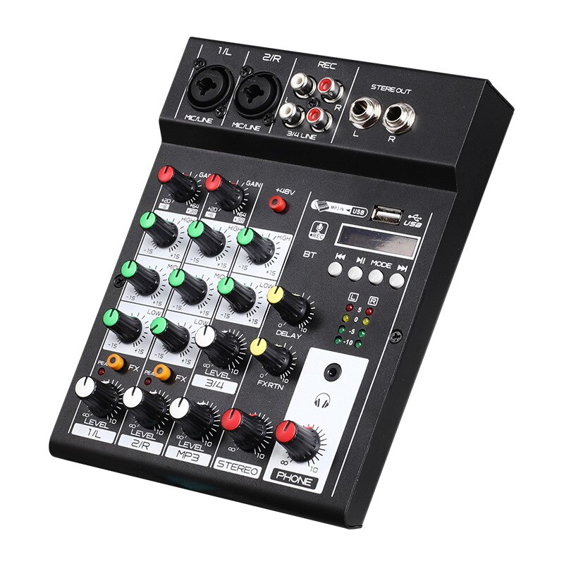 Mic 2U Portable 4 channel MP3 playback BT console Digital audio mixer Built-in reverb effect 3-band EQ DC 5-12V power supply