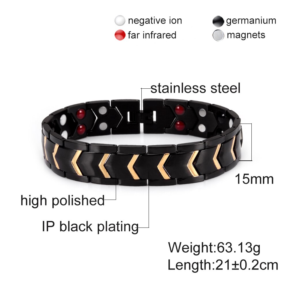 Bracelet magnétique pour hommes, en acier inoxydable noir, chaîne à main, large énergie de santé, Germanium, Bracelets pour hommes