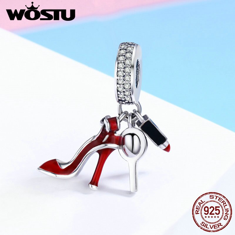 Wostu venda quente 925 prata esterlina sapatos femininos, espelho de maquiagem pingente contas ajuste charme pulseira jóias para presente feminino cqc457