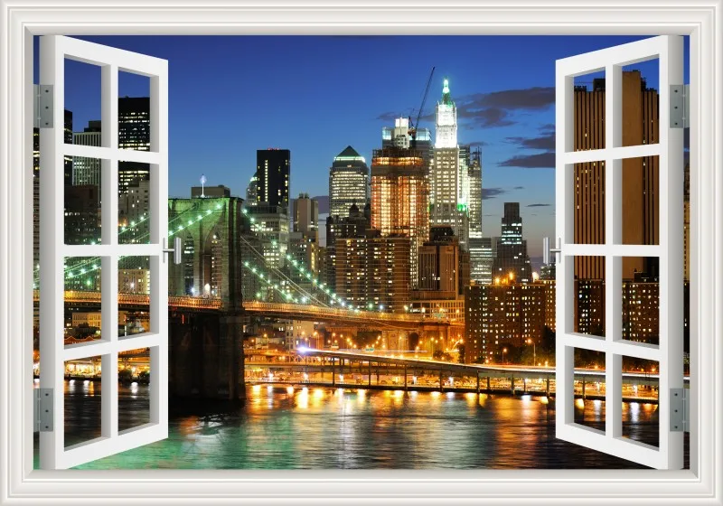 3D Window View wall Sticker York Brooklyn Removable Night Wall Art Wallpaper Kitchen Room decor aesthetic poster prints: 32x48inch 80x120cm / W0156