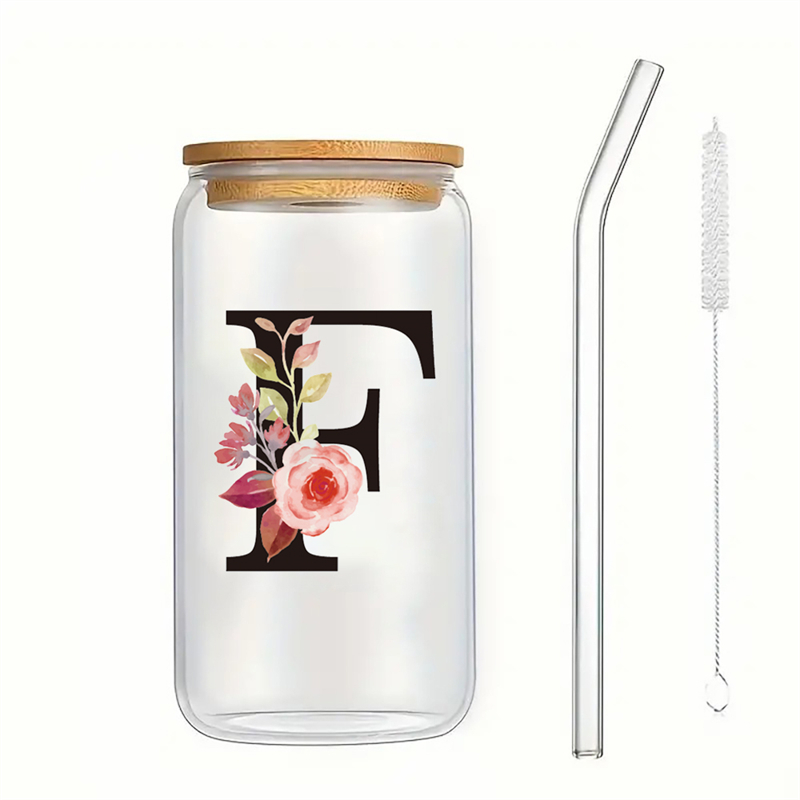 Alphabet Flowers Drinking Glass Letter A-Z Iced Coffee Water Juice Bottle Portable Clear Cup with Lid Straw Brush Birthday: Pink