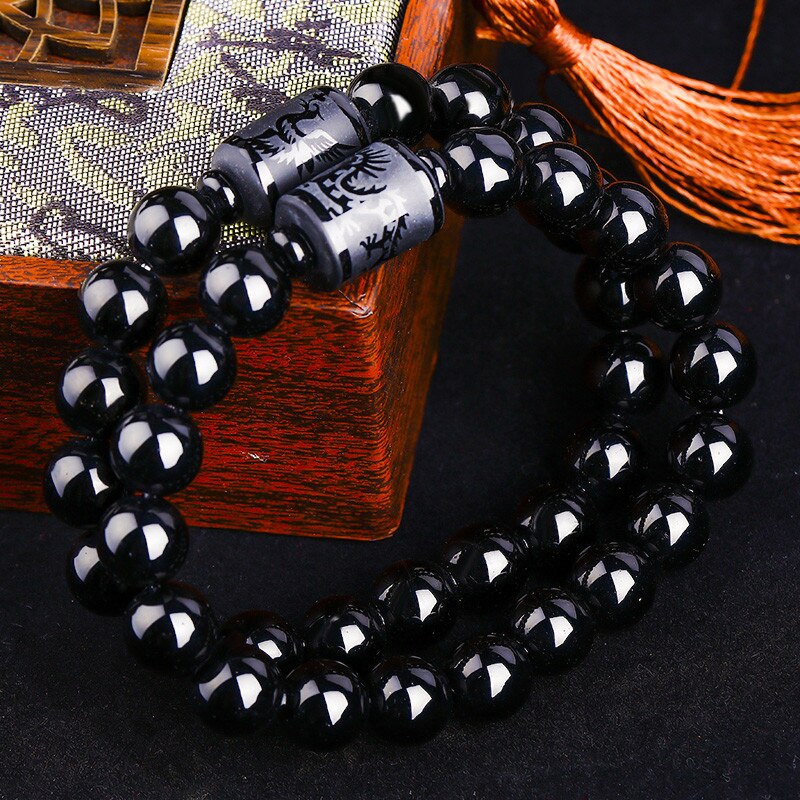 Mode Dragon Phoenix Paar Armband Obsidiaan Gesneden Boeddha Lucky Amulet Ronde Kralen Streng Armband Voor Mannen Sieraden