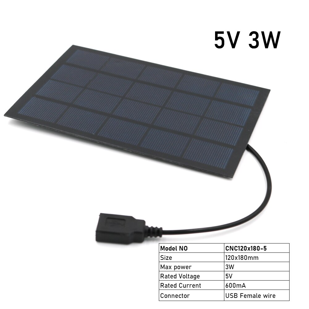 5V 2W 3W 4W 7W Output USB Solar Cell Outdoor 18650 Battery Charger USB Female Port 5 V Charge Regulators Solar Panel: 5V 3W
