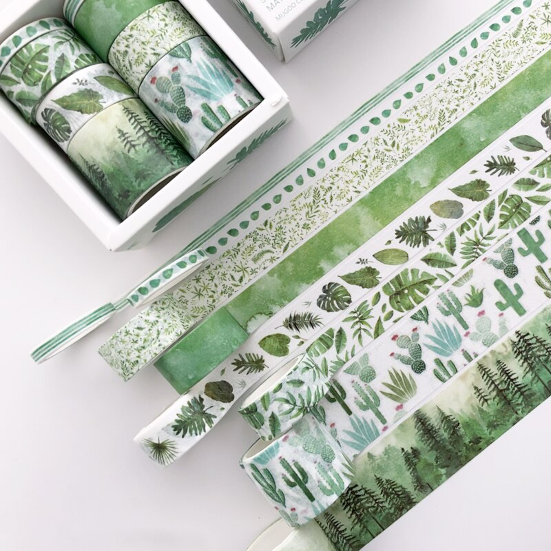 Washi Tape de papel verde, 8 Uds., Cactus azul, fruta, rosa, flamenco, cintas adhesivas, F348: Green set