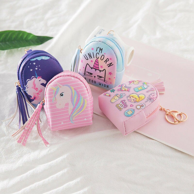 Monedero bonito para mujeres y niñas, monedero para tarjetas, bolsa de llaves, Mini bolso para chicas, estampado de dibujos animados de unicornio