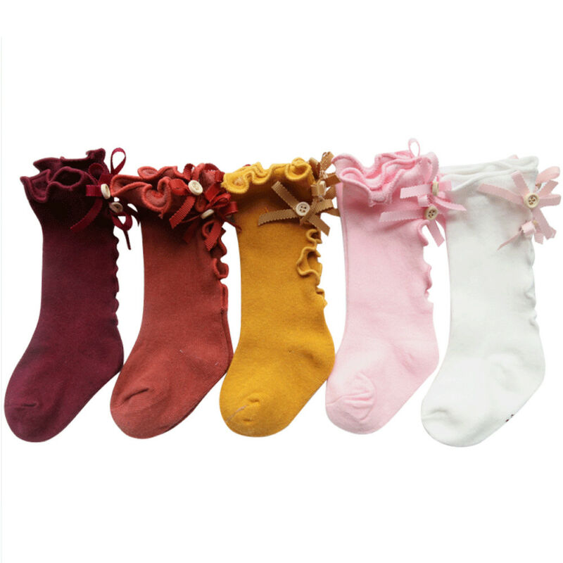 Kids Peuters Meisjes Sokken Grote Boog Knie Hoge Lange Zachte Katoen Kant Baby Solid Herfst Warm Ruches Boog