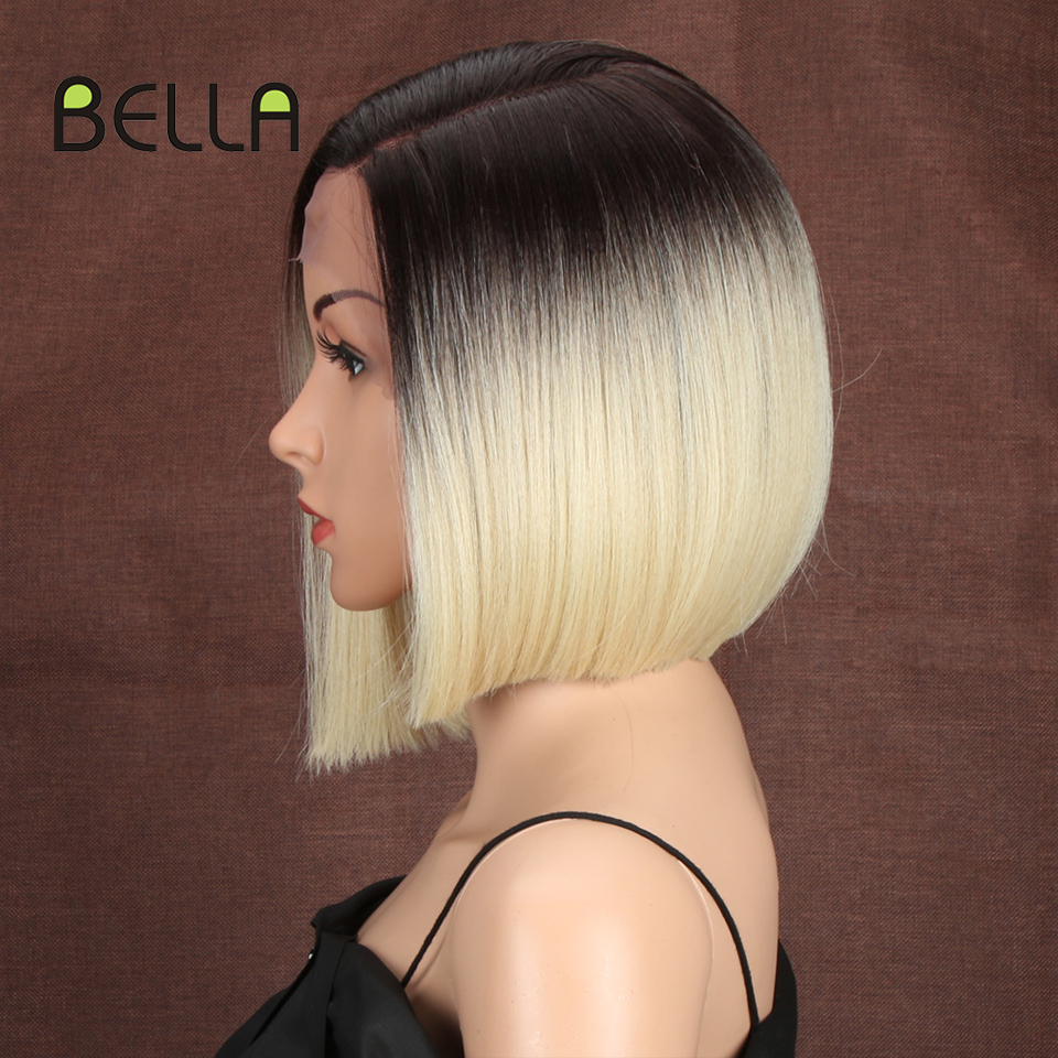 Bella Korte Pruik Bob Lace Pruik Synthetische 10 Inch Omber Blonde 613 Bruin Rood Bob Steil Haar Zijscheiding Pruiken voor Vrouw Cosplay