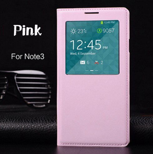 Flip Cover Leather Phone Case For Samsung Galaxy Note 3 Note3 Not III SM 9005 N900 N9005 SM-N900 SM-N9005 Smart View Sleep Wake: Pink