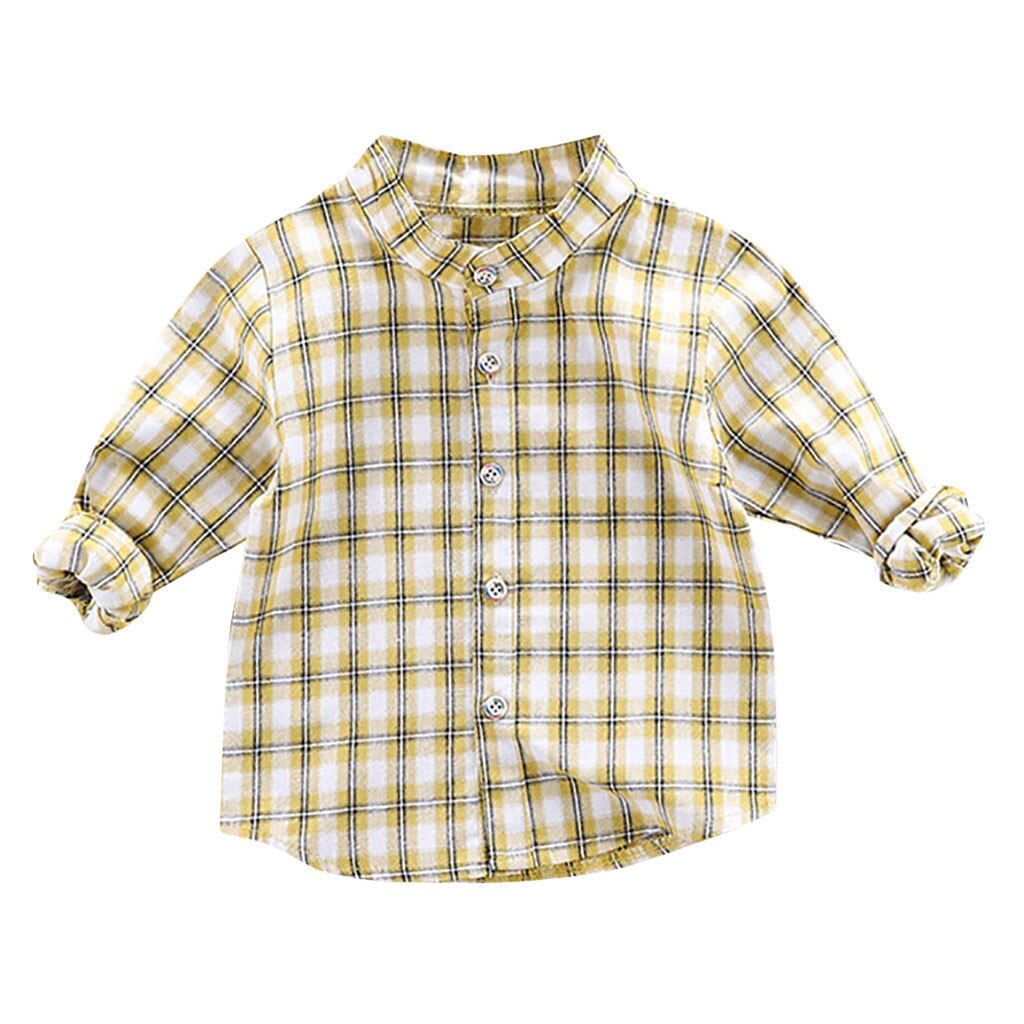 Chemises pour garçons en coton doux à carreaux, col rond, vêtements pour bébés garçons, manches longues, confortable, belle chemise pour hommes: YELLOW / 12M
