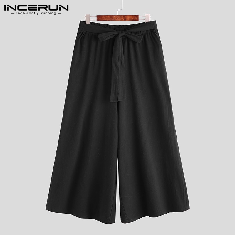 Incerun joggers herre solid elastisk talje bukser med brede ben retro casual bukser smart trend komfort bomuld herre streetwear: L