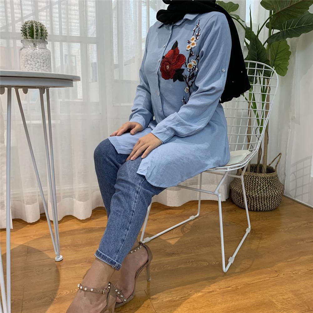 Casual Long Sleeve Tops Muslim Women Soft Denim Shirt Longline Denim Shirts Ladies Blue Jean Blouses With Floral Belt