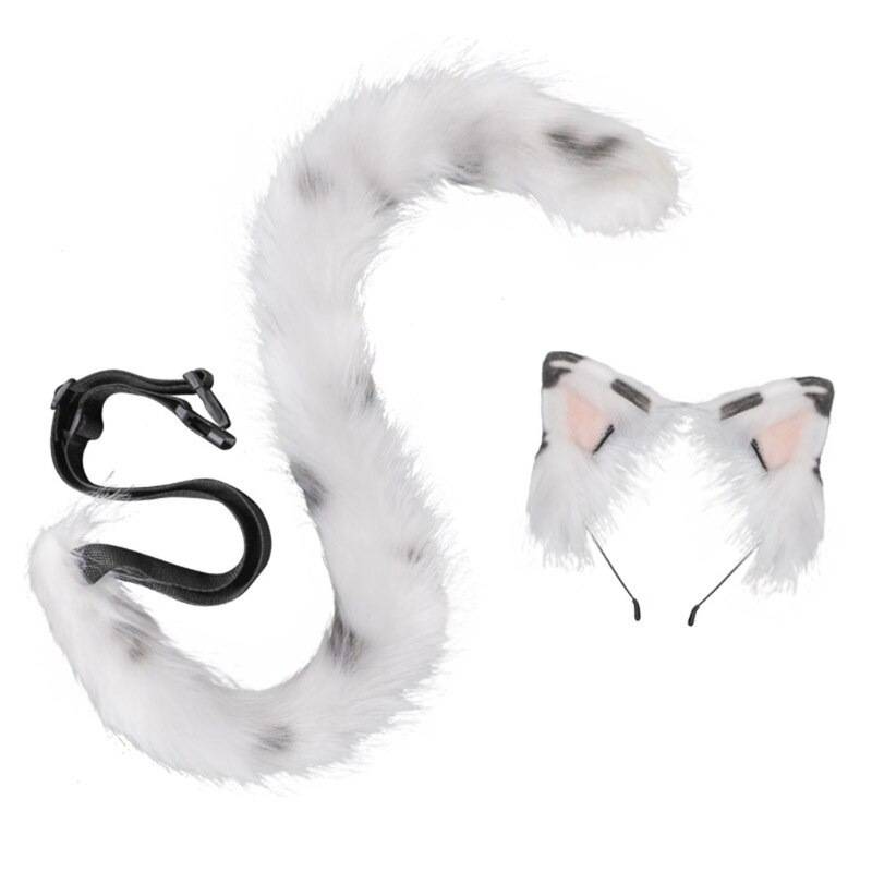 Lolita Headbands Furry Cat Ears Headwear Cow Pattern Tail Set Hair Hoop for Halloween Cosplay Headpiece Party Supplies S24 21