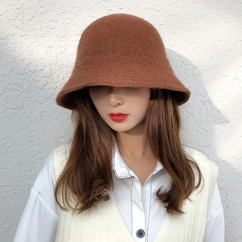 Solid Wool Bucket Hat Women Autumn Winter Fisherman Hat Vintage Knitting Wool Basin Cap