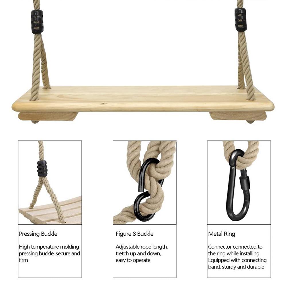 Siège de balançoire en bois classique avec corde de balançoire solide, balançoire suspendue réglable en hauteur pour intérieur et extérieur
