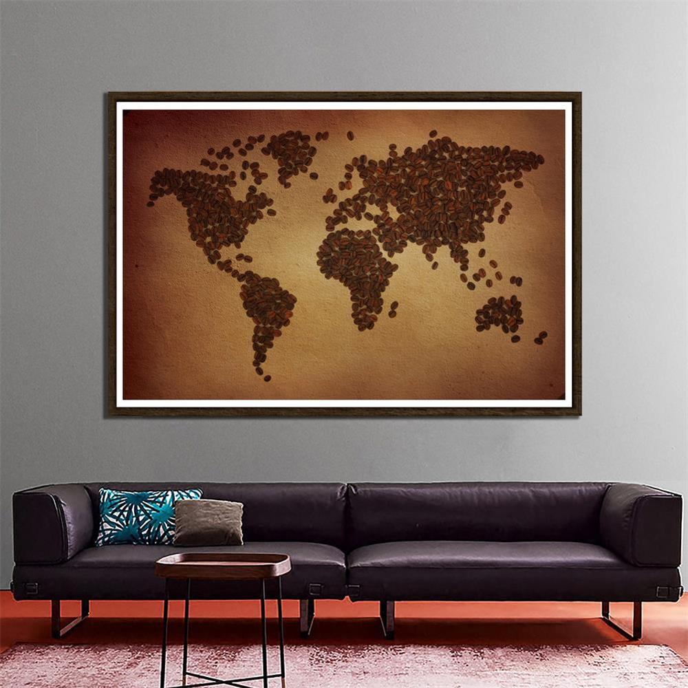 150x100cm Non-woven DIY World Map Plate Pattern Made Of Coffee Beans Home Wall Decor Map