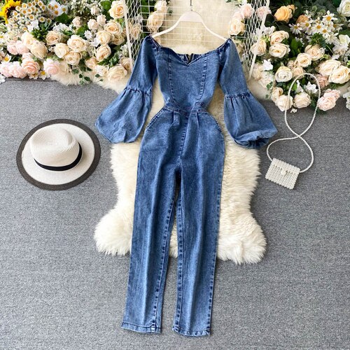 Gagarich kvinner denim jumpsuit sexy slash neck off-shoulder pufferm dame høst high street retro jeans bodysuit: Blå / L
