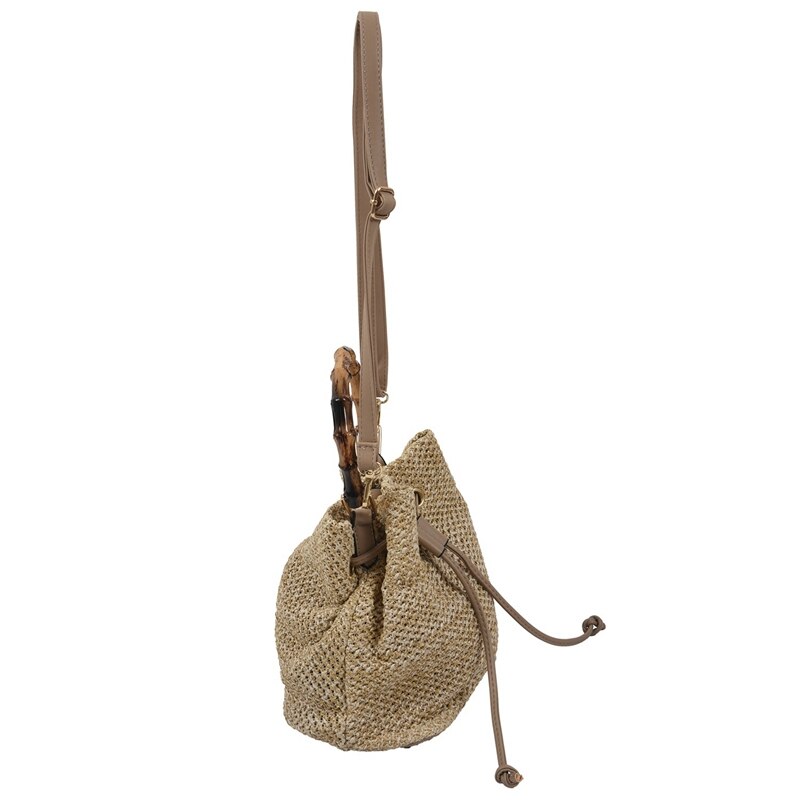 2 Pcs Drawstring Women's Straw Bucket Bag Summer Woven Shoulder Bags Shopping Purse Beach Straw Handbags, Khaki & Brown