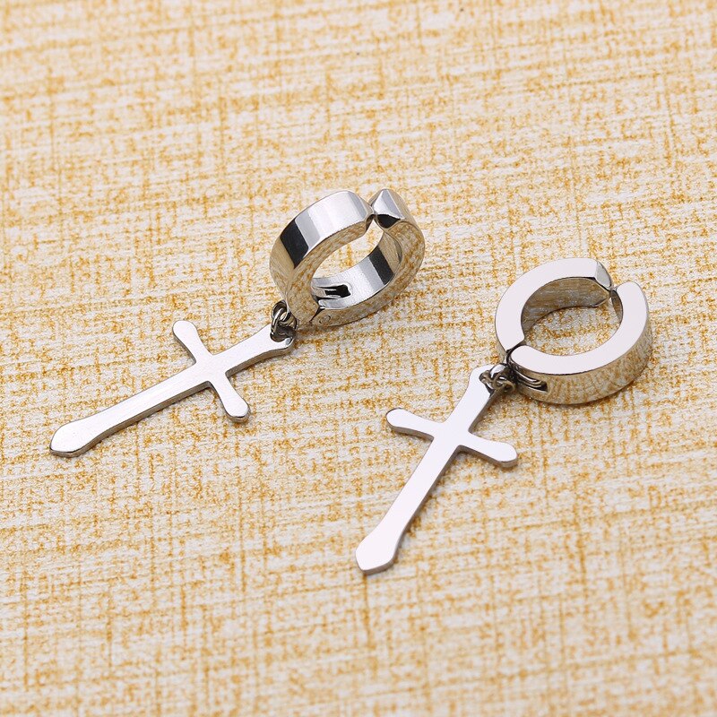 1 Pcs Rvs Clip Op Non Piercing Oorbellen Voor Vrouwen Mannen Zwarte Goud Kleur Cross Gothic Punk Rock Pendiente