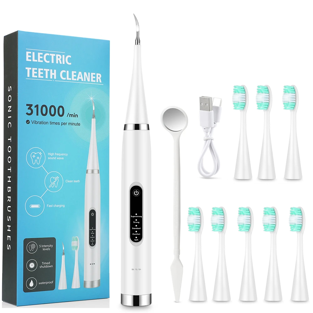 Détartreur dentaire sonique électrique, brosse à dents étanche, 8 pièces, têtes de brosse de remplacement, blanchiment des dents, Plaque dentaire, dissolvant de tartre, nettoyeur de dents: Black