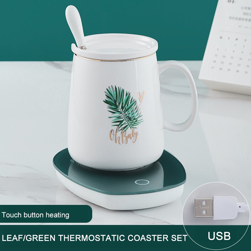 Constant Temperature Coaster Intelligent 55 Degree Automatic Heating Warm Coaster Thermos Cup Heating Water Cup Coaster: Green coaster Leaf / touch sensor