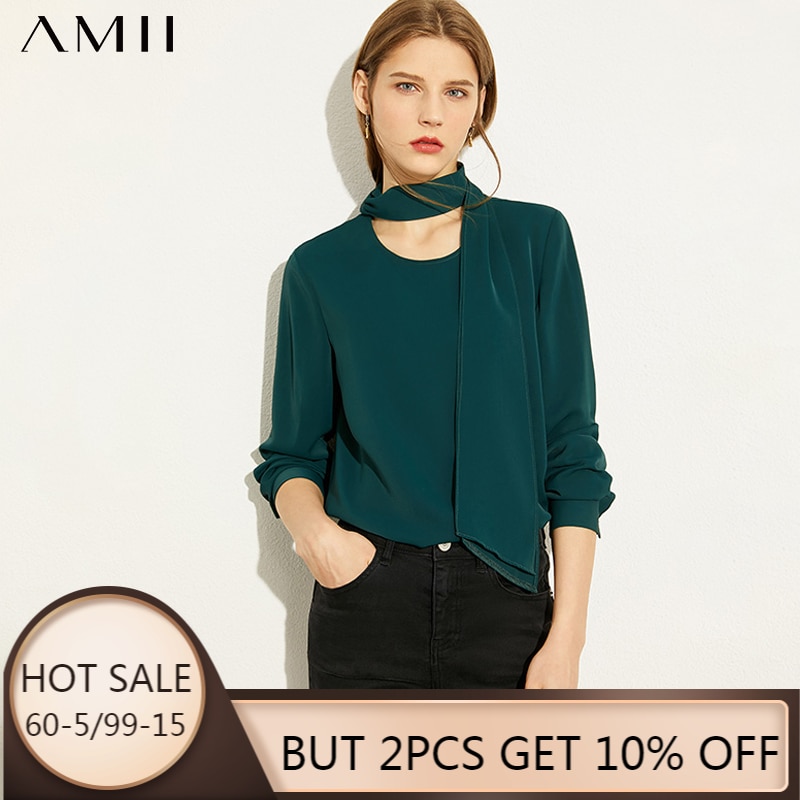 Amii-Blusa holgada informal con cuello redondo para otoño, Camisa lisa con cinturón para mujer, 12030268