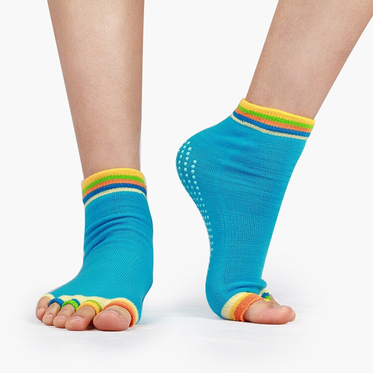 Kvinders bomulds yoga sokker adskilt fem finger åbne tæer sokker med skridsikker silikone gymnastiksport sportssokker: Blå
