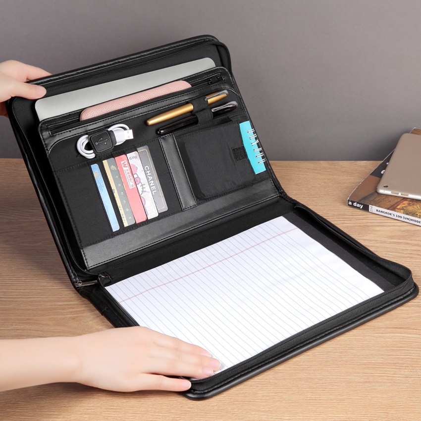 a4 expanding file folder organizer zipper document folder for ipad portfolio padfolio with USB loop holder office supplies 1178