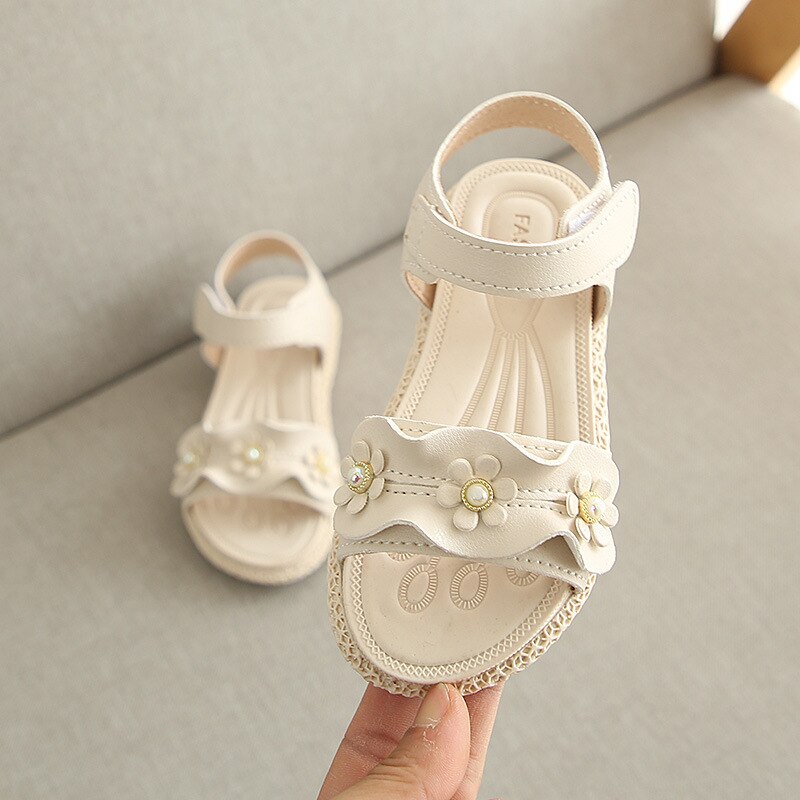 Zomer Baby Meisjes Sandalen Pu Leer Peuters Zoete Bloem Decoratie Schoenen Zachte Zool Prinses Schoenen Antislip Baby Prewalker: Beige / 9-15 Months