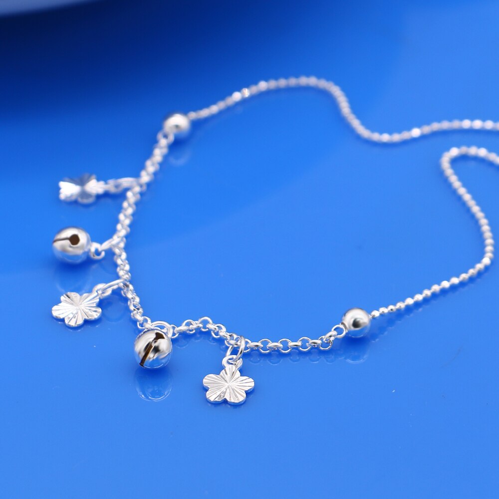 Flower Pendant Anklets Women 925 Sterling Silver Foot Chain Cute Girl bell Beach barefoot Jewelry Summer