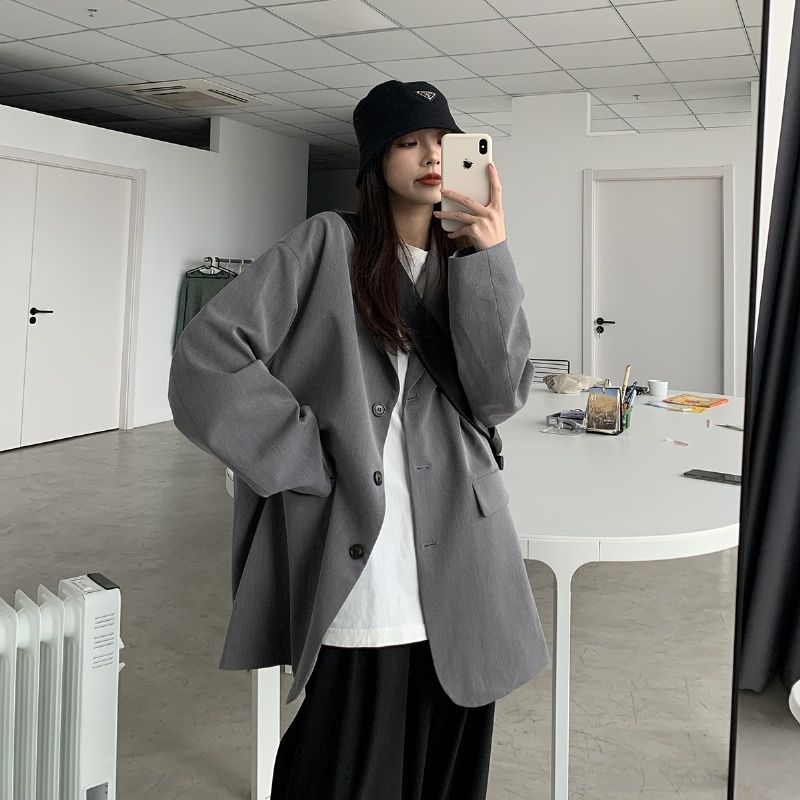 Blazere kvinder solid enkeltradet oversize retro forår efterår chic afslappet dame blazer teenagere enkel all-match stilfuld bf: Grå / M