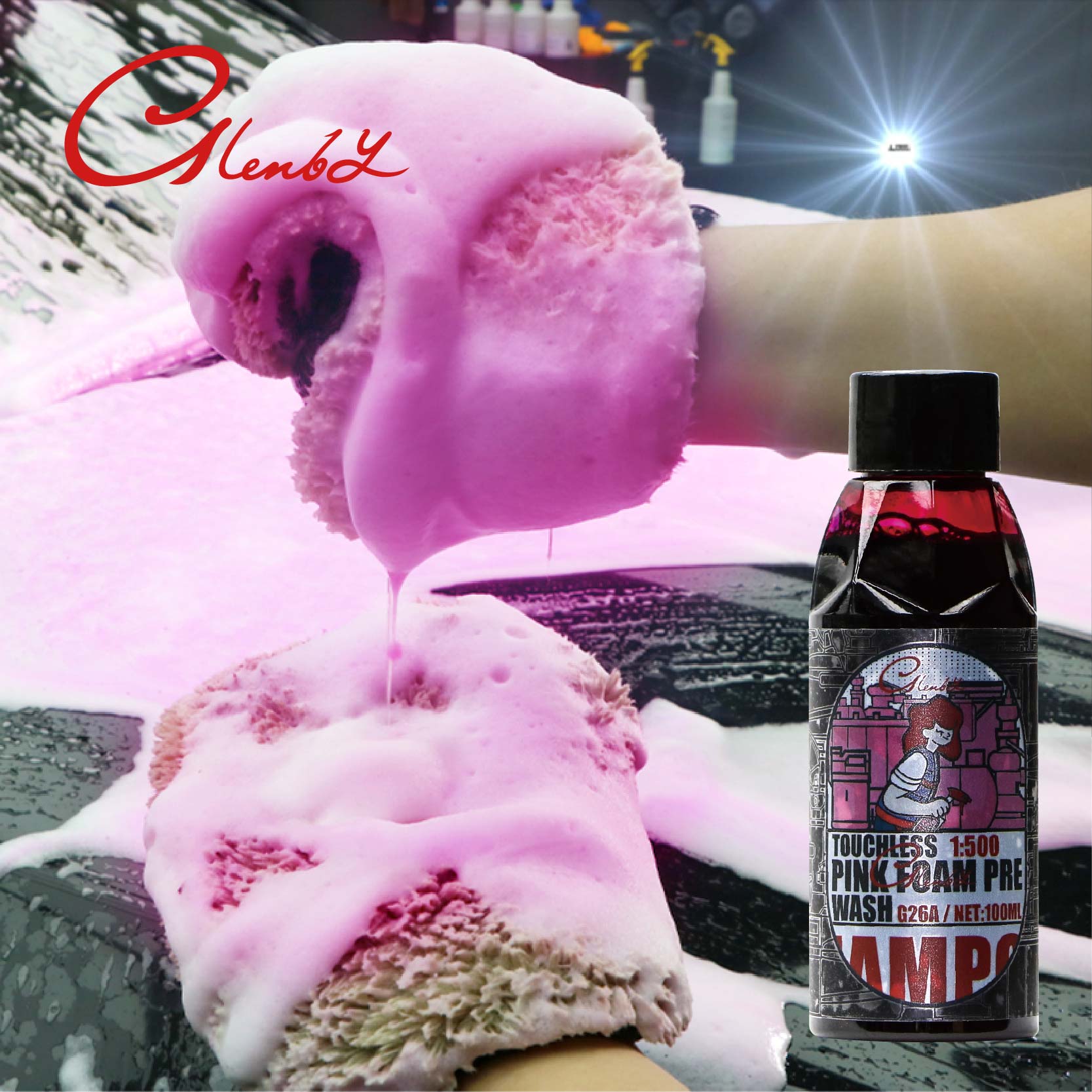 Savon de lavage de voiture en mousse de nettoyage de surface de pré-lotion rose, suppression de sédiments, adapté aux voitures, camions, motos, camping-car, etc.