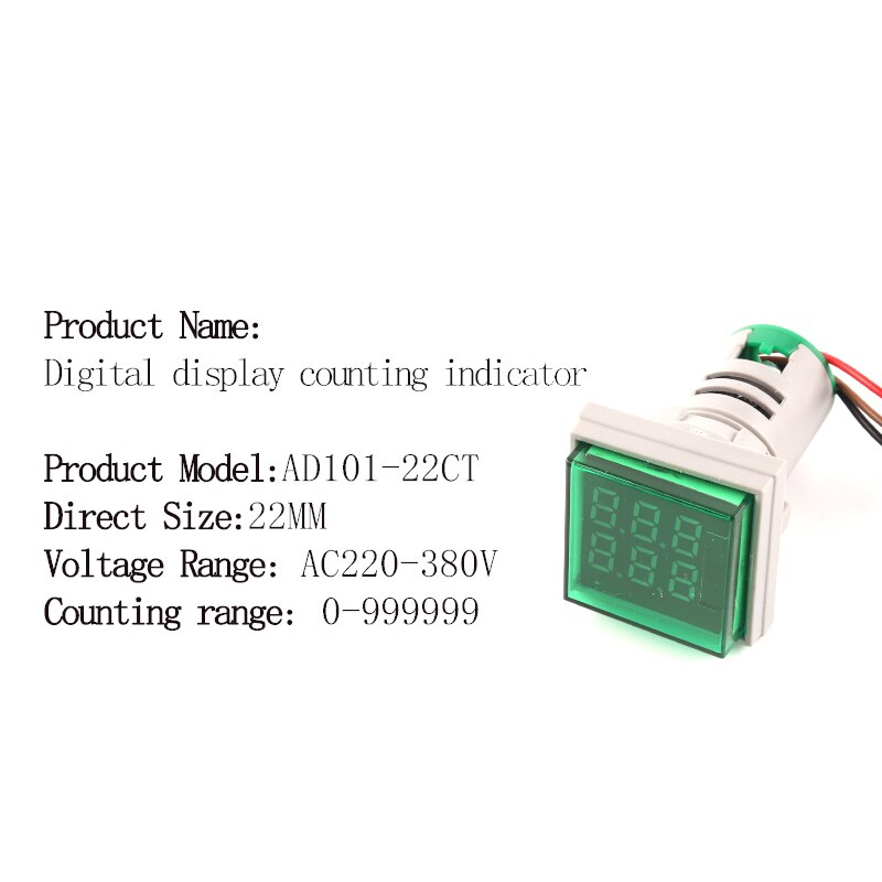 Mini compteur numérique Led rond carré 22MM 6 chiffres 0-999999 AC 220V-380V, compteur de Signal électronique: CT Square Green