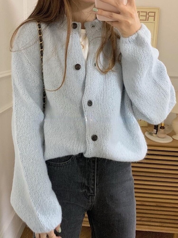 Oversize dametrøjer efterår vinter sweater vintage knapper o hals cardigans enkeltradet pufærm løs cardigan: Lyseblå