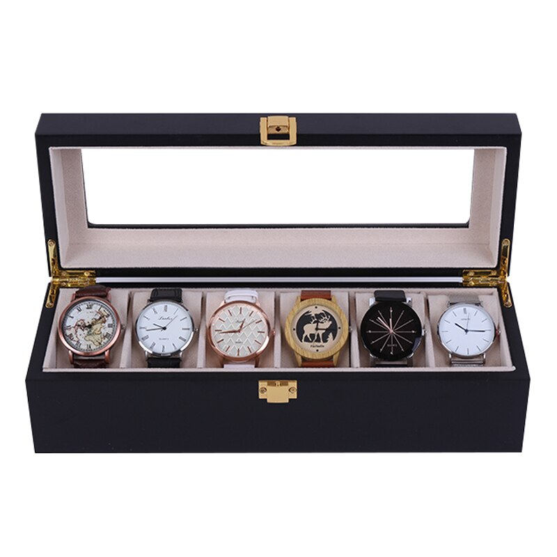 Luxe 6 Grids Handgemaakte Houten Horloge Doos Houten Klok Horloge Geval Tijd Doos Voor Horloge Holding: Black Beige