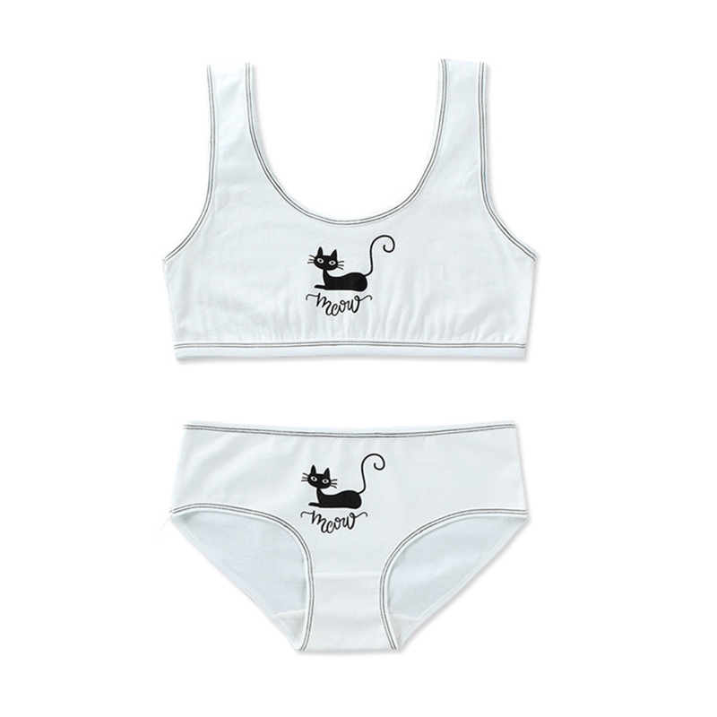 Adolescenti ragazze 2 pezzi Set di biancheria intima simpatico gatto nero stampa cinturino largo reggiseno da allenamento gilet a righe Top e mutandine abbinate sport U: White