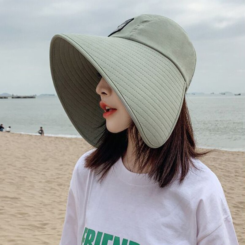 Sombrero de Sol de ala ancha anti-UV para mujer, visera de cara completa para vacaciones de verano, sombrero de cubo plegable de Panamá, sombrero de sol de playa coreano de ala grande,: Green