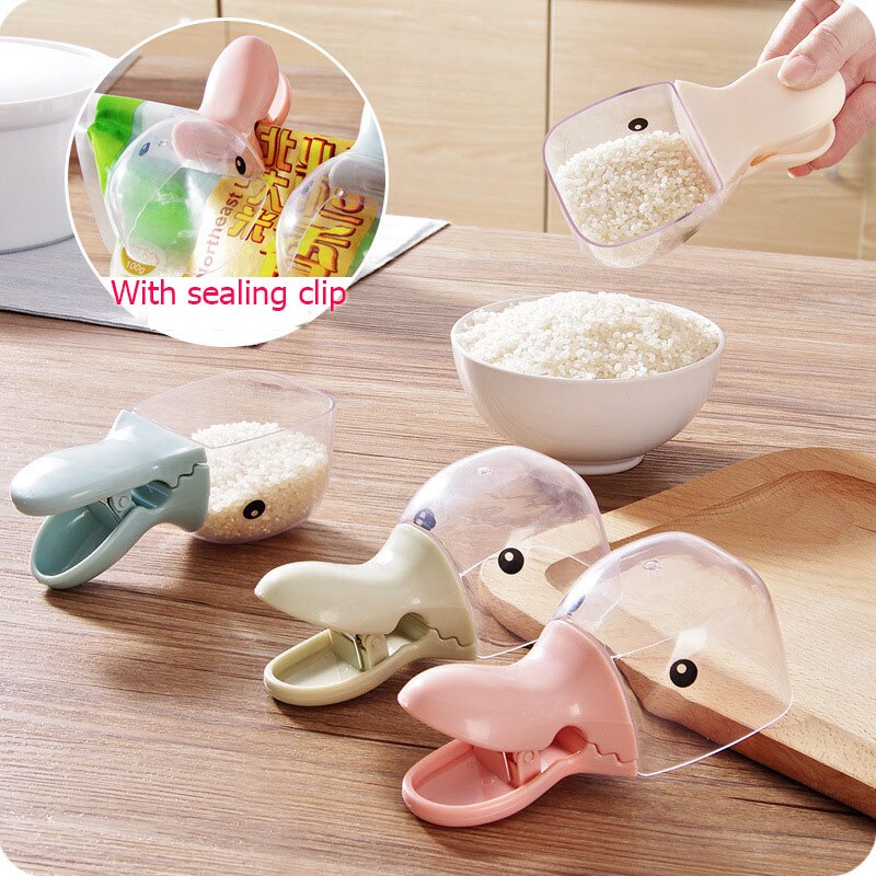 Forma de cabeza de pato creativa con cuchara de arroz transparente de plástico, Clip sellado, Dipper de agua para el hogar, cuchara bonita de pico de pato