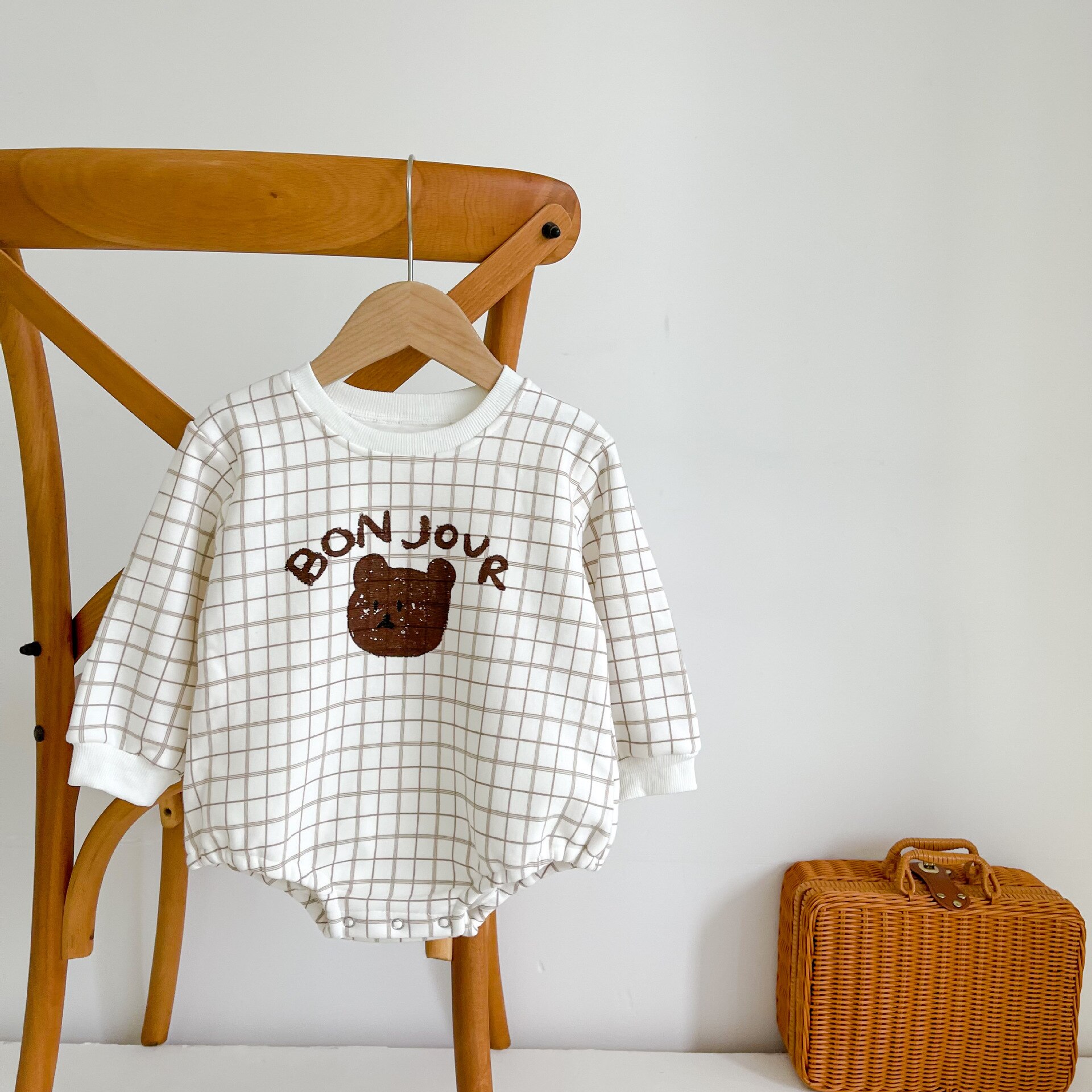 1187b 2022 Plus samt-Baby-strampler mit bärenmotiv, langärmelig, jungen-Karosserie, babykleidung, neugeborenenkleidung: Plaid / 66 6m