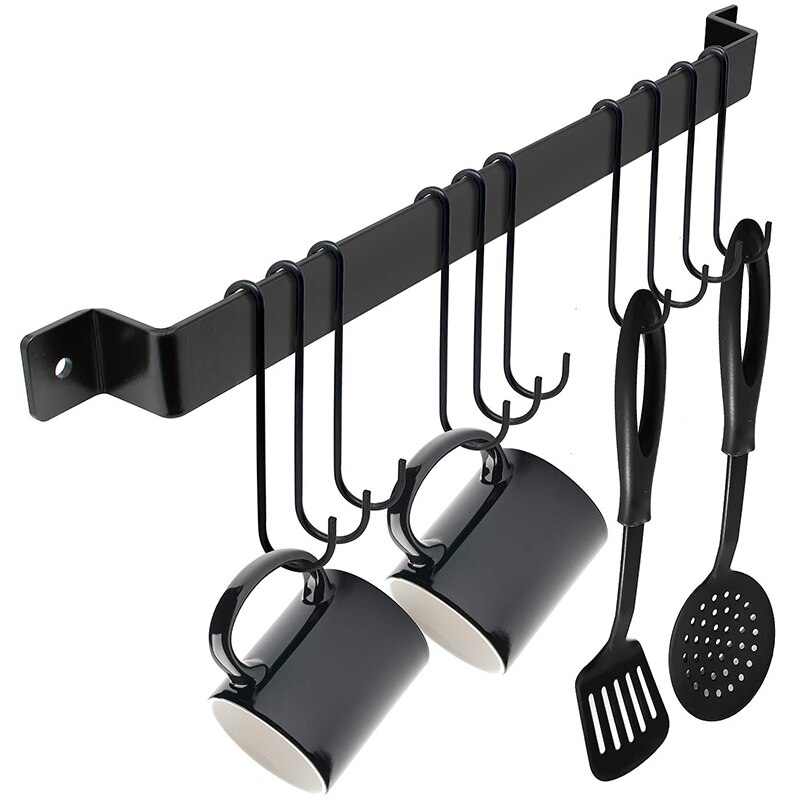 Kitchen Pot Pan Hanger Wall Mounted Rail Rack with 10 Hooks Utensil Cookware Shelf Farmhouse Style Black