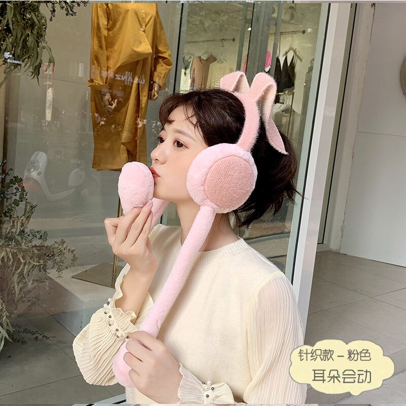 Protège-oreilles mobiles pliables avec oreille de lapin en hiver coupe-vent pour filles, protège-oreilles en peluche tricoté, oreilles de lapin poilu: Knitted pink