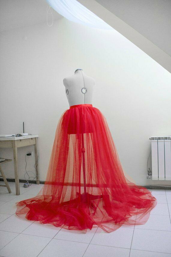 Mode Vrouwen A-lijn Sheer Tulle Tutu Lange Rok Wedding Party Prom Prinses Bandage Mesh Maxi Rokken Zwart Blauw Rood Wit: Rood