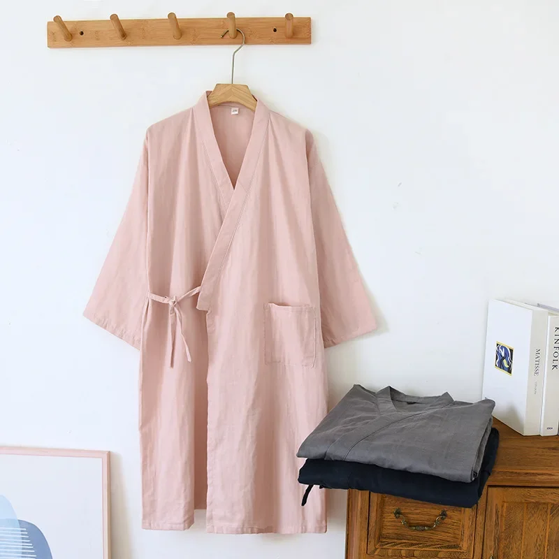 Roupões kimono de algodão para casal, roupas para casa, verão, solto, meia manga, roupão, pijama, suor, vapor, roupas femininas: L / Bege