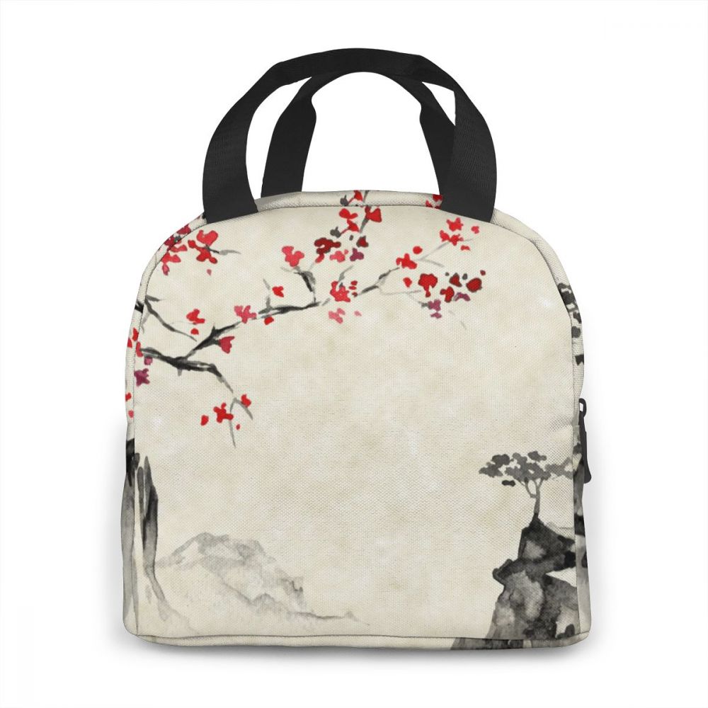 Draagbare lunchtas japanse inkt schilderij sakura en bergen thermisch geïsoleerde lunchbox tas lunchcontainer voedsel opbergtas