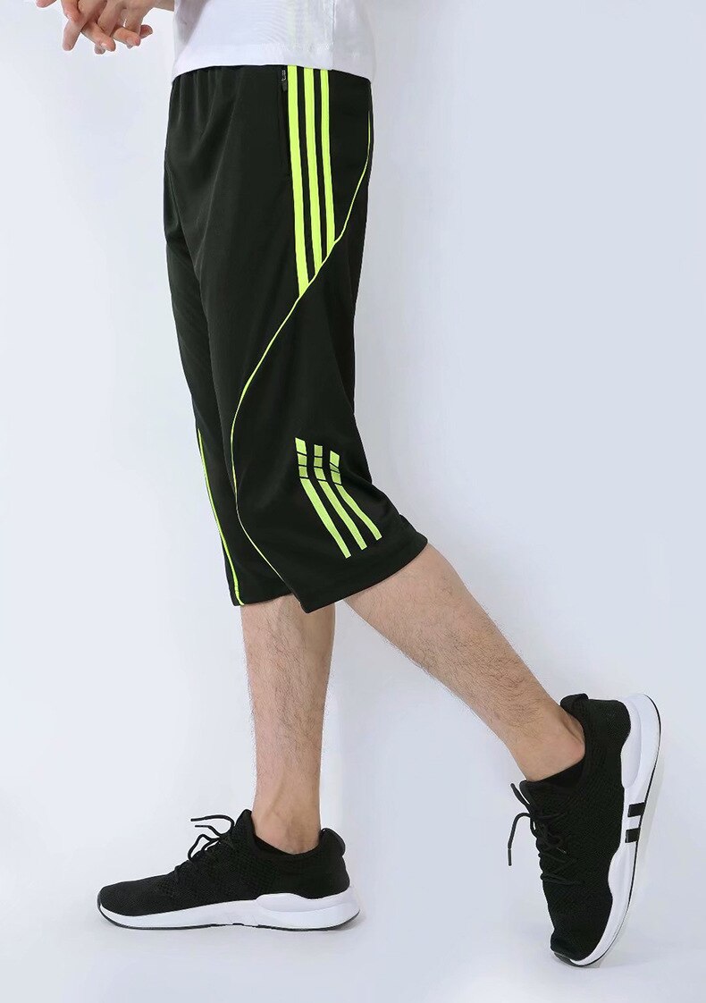 Summer Thin Football Male Pocket Zipper Capri Pants Football shou tui Running Fitness Calf Pants: green / L