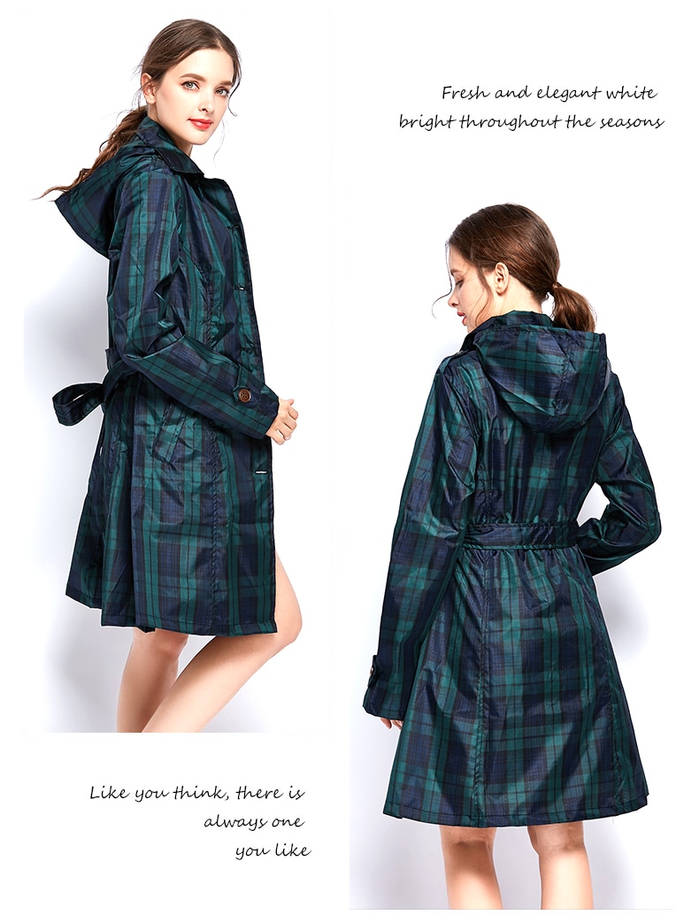 Womens Stylish Long Green Grid Rain Poncho Waterproof Raincoat Jacket Coat with Hood and Belt
