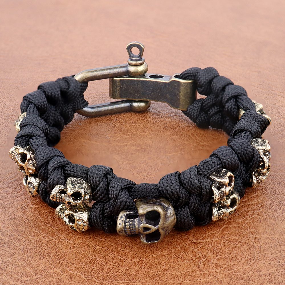 Pulsera tejida con calavera Vintage para hombre, brazaletes hechos a mano, brazaletes de Paracord de supervivencia al aire libre, pulseras ajustables Punk Hip Hop, joyería: Bañado en rodio de imitación